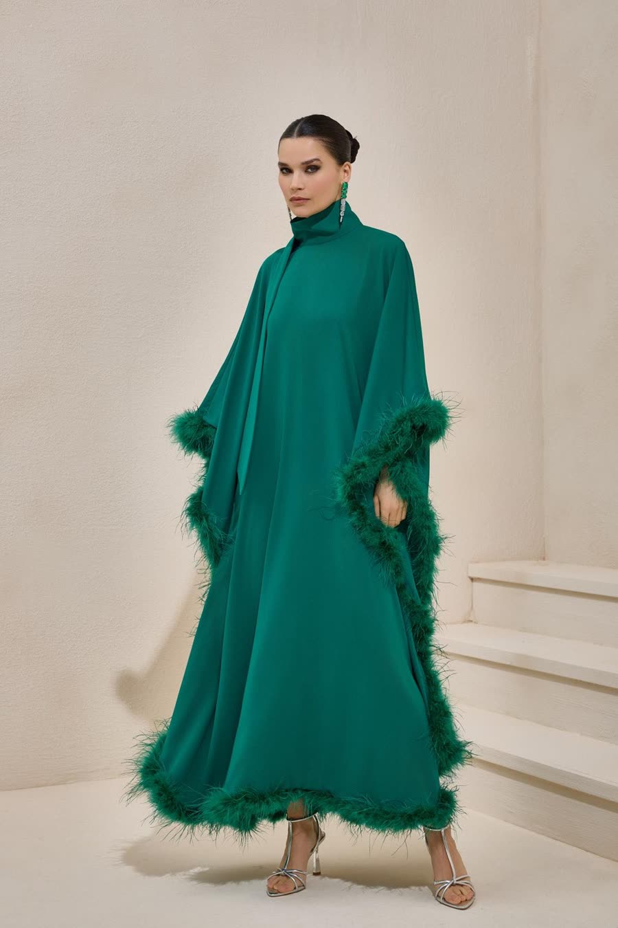 Diva Feather Caftan — MALACHITE